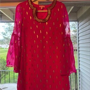 Lilly Pultizer Pink and Gold Beaded Tunic Dress with bell sleeves.